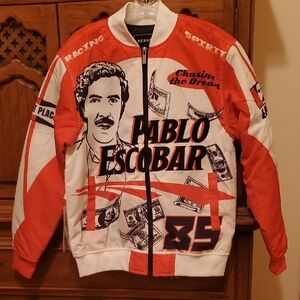 Reason Orange and White Pablo Escobar Graphic Bomber Jacket. Small